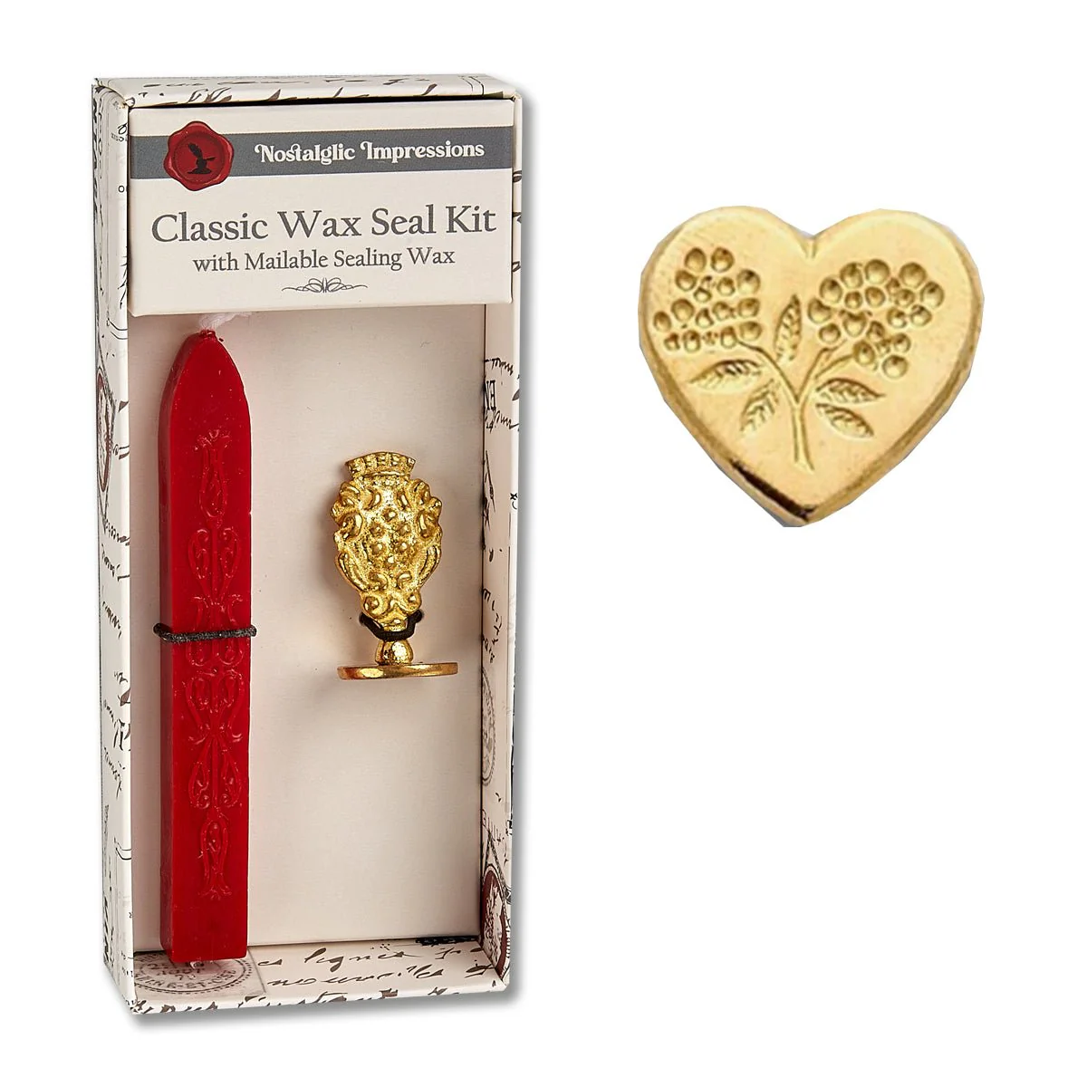 Nostalgic Impressions Classic Wax Seal Kit with red wax stick, gold stamp, and heart-shaped stamp with floral design.