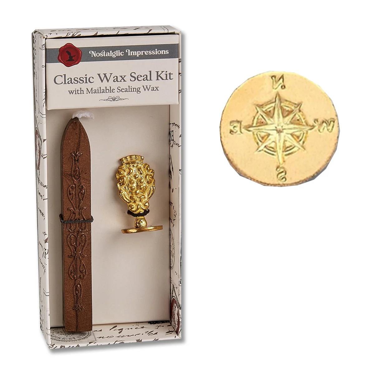 Classic wax seal kit with a compass design stamp, mailable sealing wax, and decorative handle on a white background.