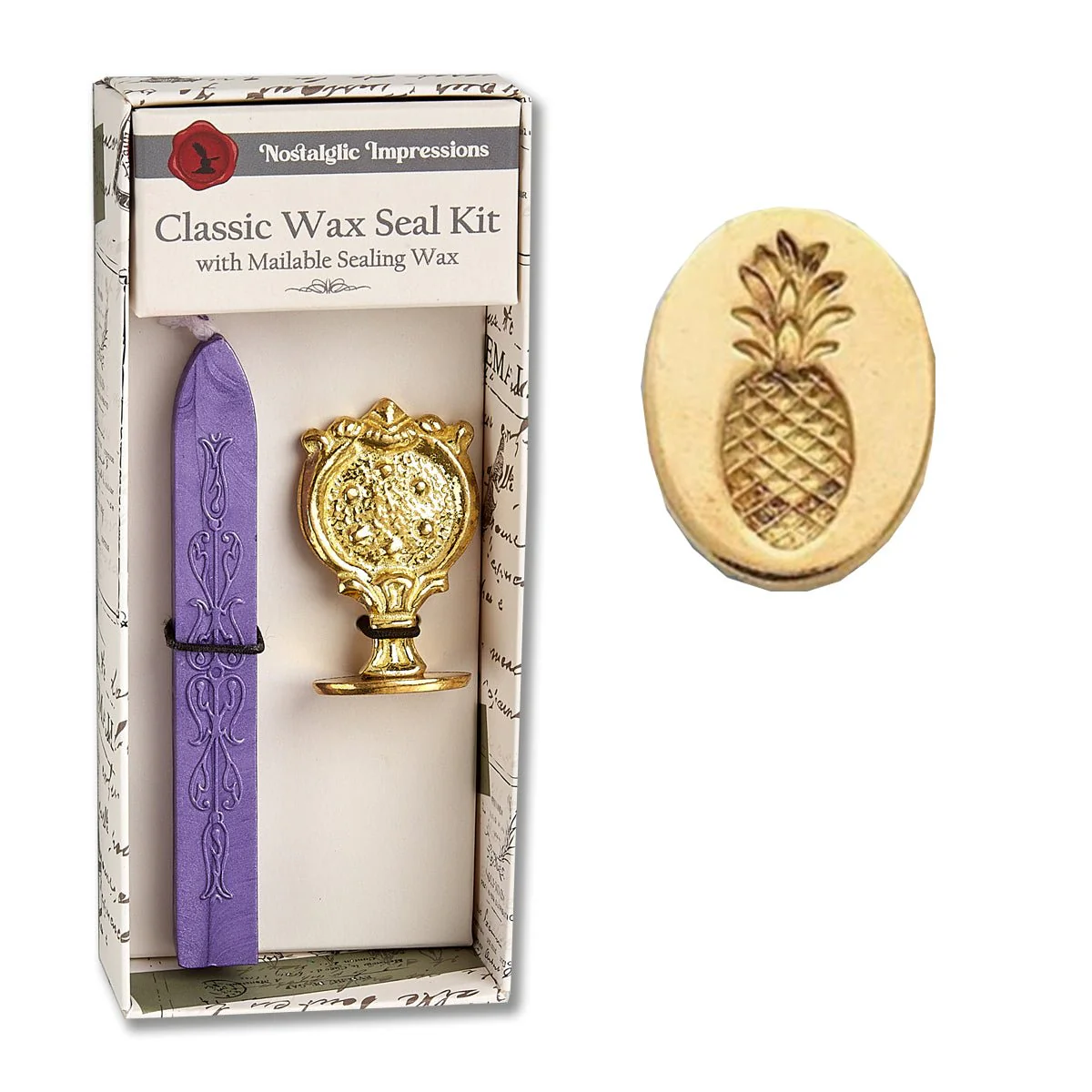 Classic wax seal kit with a pineapple stamp, candle, and packaging on a white background