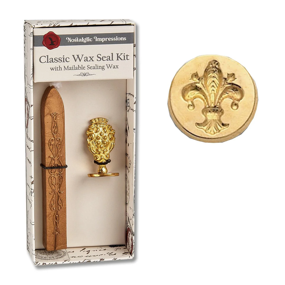 Nostalgic Impressions Classic Wax Seal Kit with a wooden handle and gold wax seal, displayed against a white background.