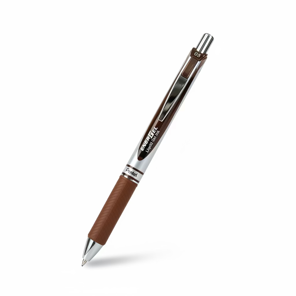 Pen with brown grip and silver accents on a white background