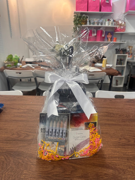 Gift basket with products on a wooden table in an office setting