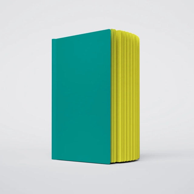Teal notebook with yellow edges on a light gray background