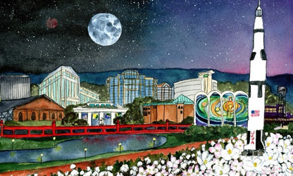 Illustration of a cityscape with buildings, a rocket, and a full moon.