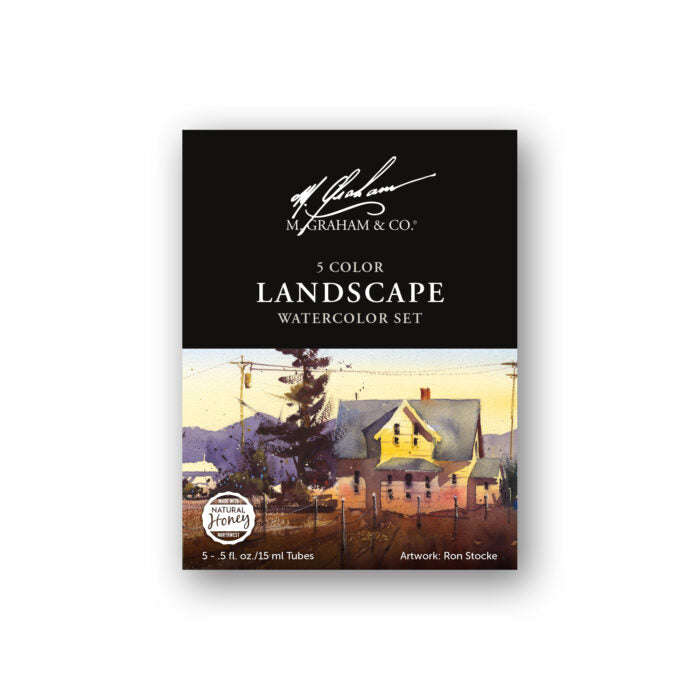 M. Graham & Co landscape watercolor set packaging with a scenic illustration on a white background