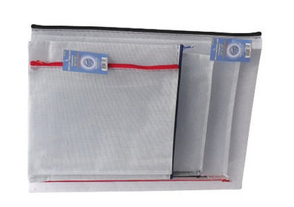 Clear pouch with a red zipper on a white background
