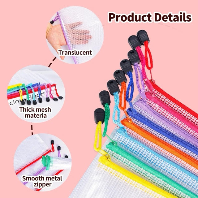 Colorful mesh bags with zippers on a pink background, highlighting features like translucent material and smooth metal zipper.