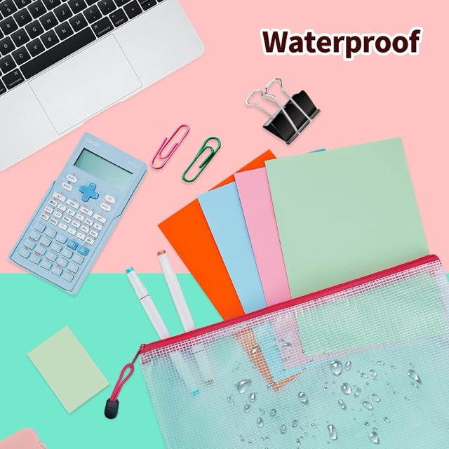 Colorful stationery items including a laptop, calculator, and folders on a pink and green gradient background with 'Waterproof' text.