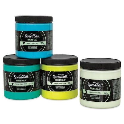 A jar of Speedball Fabric Screen Printing Inks in blue color with a black lid, labeled with the brand and product details.