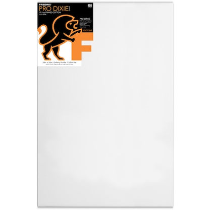 A primed white cotton stretched canvas with a FREDRIX DIXIE brand label at the top, indicating 17.5 oz weight and 24 inch by 36 inch size.