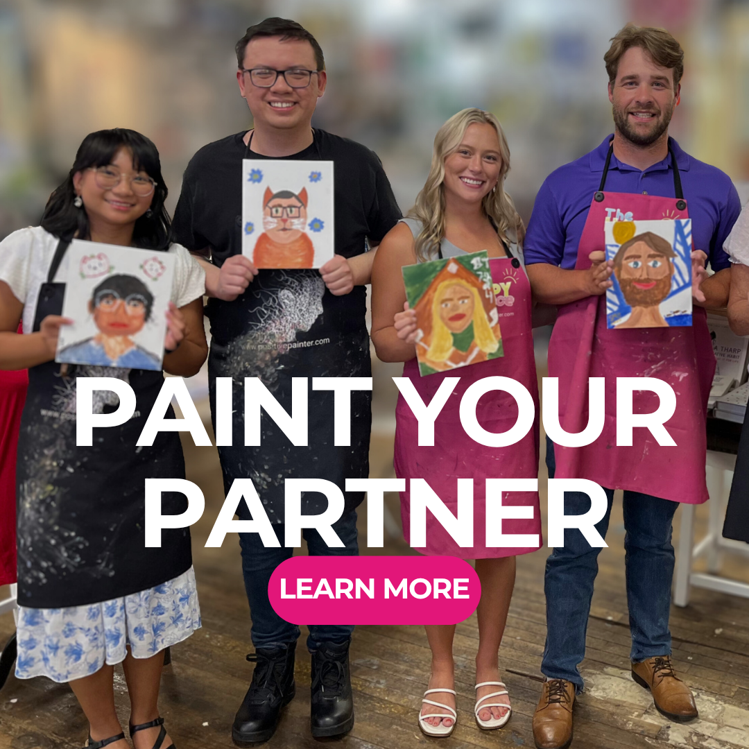 Four people wearing aprons with painted portraits and text 'Paint Your Partner' on a blurred indoor background.