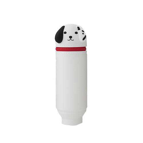 White cylindrical container with a dog face design on a white background