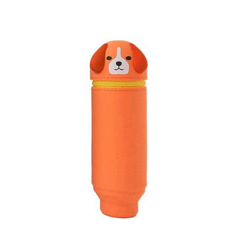 Orange pen holder with a dog design on a white background