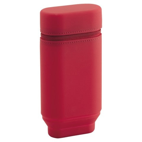 Red insulated cup holder with a zipper on a white background