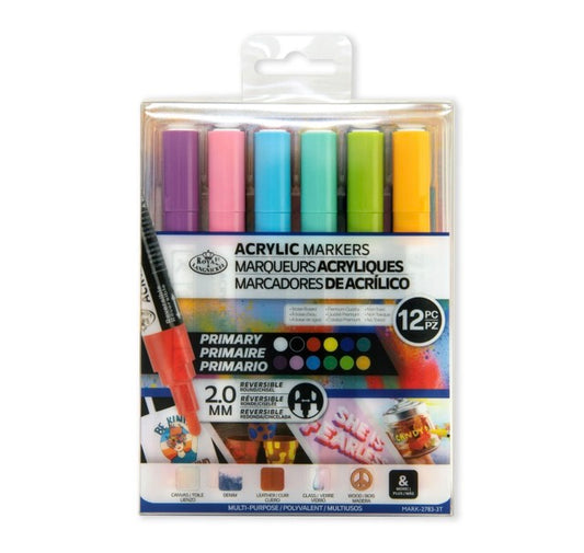 Royal Acrylic Markers 12 Piece Primary Reversible Tip - 2mm
