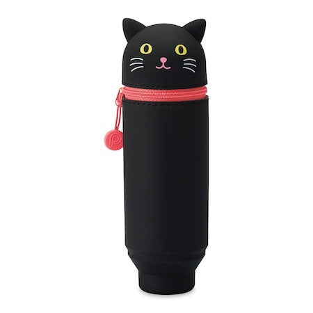 A collection of Punilabo Stand Up Pen Cases in various animal designs, including a bear and a panda, primarily in gray, pink, black, and brown colors.
