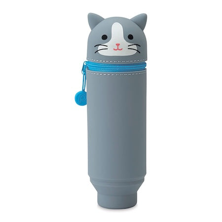 A collection of Punilabo Stand Up Pen Cases in various animal designs, including a bear and a panda, primarily in gray, pink, black, and brown colors.