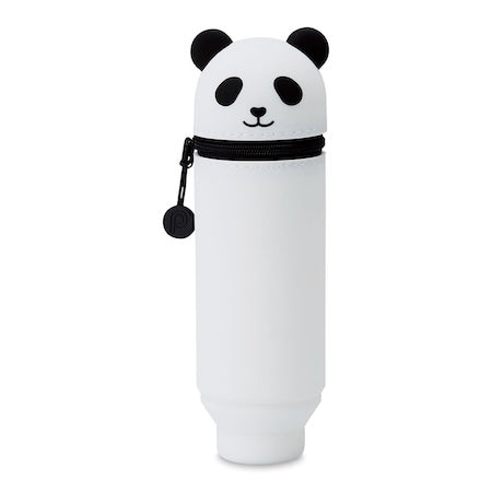 A collection of Punilabo Stand Up Pen Cases in various animal designs, including a bear and a panda, primarily in gray, pink, black, and brown colors.