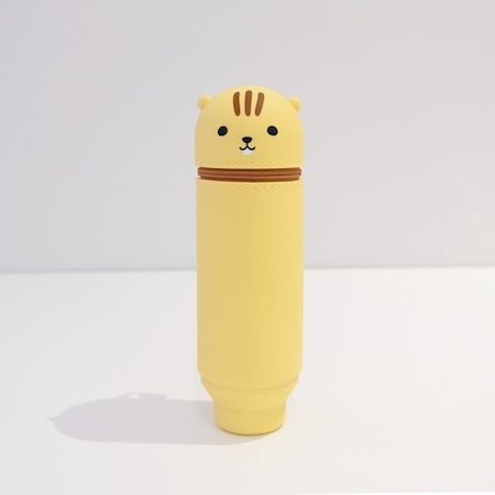 A collection of Punilabo Stand Up Pen Cases in various animal designs, including a bear and a panda, primarily in gray, pink, black, and brown colors.