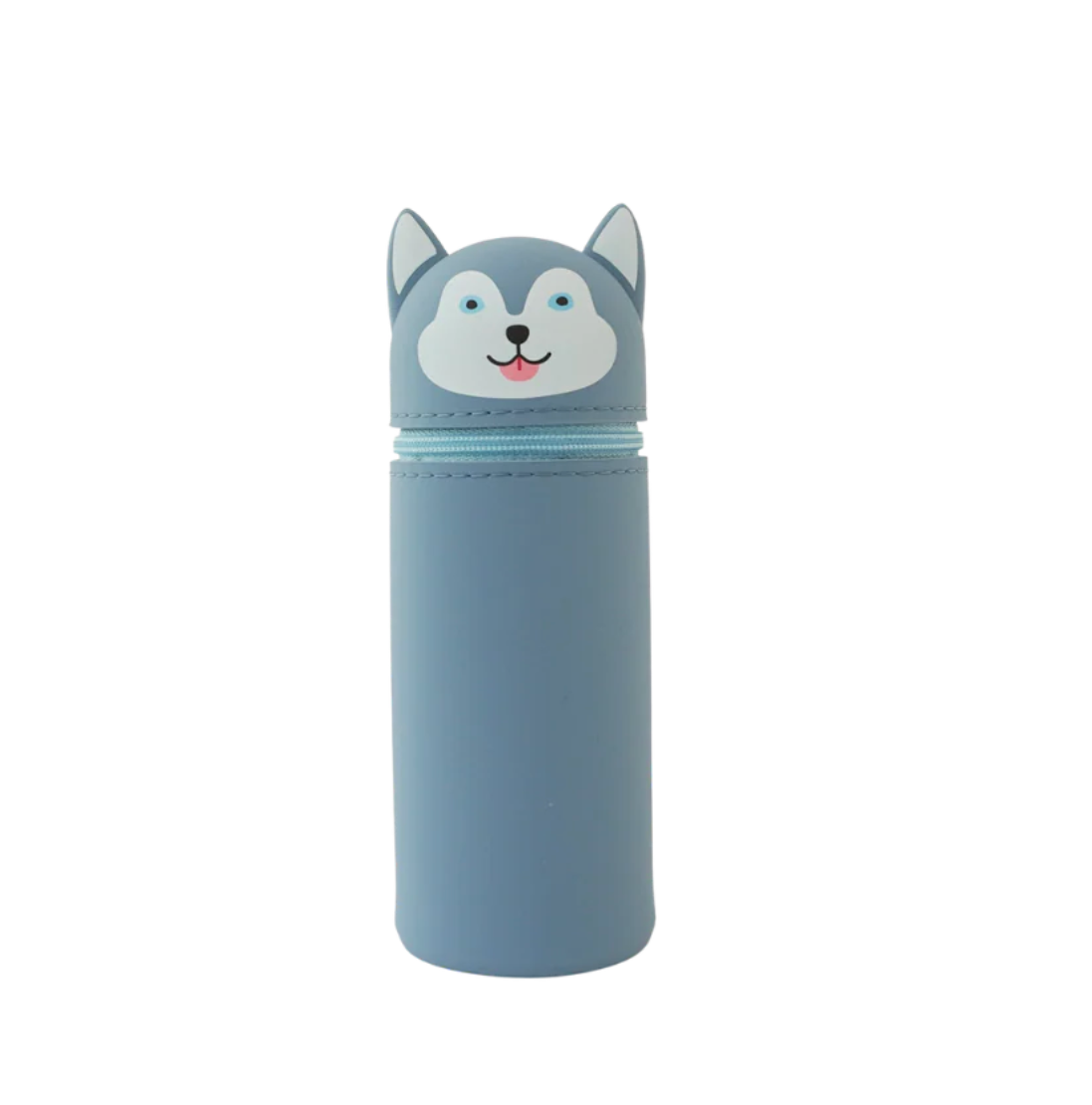 Blue water bottle with a husky dog design on a white background