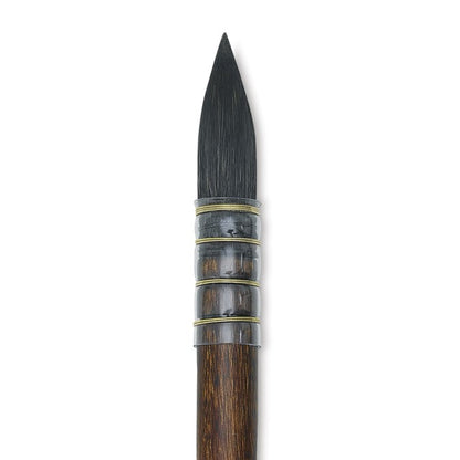 Black paintbrush with wooden handle on a white background