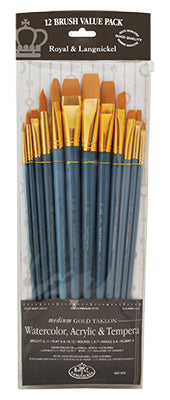 Royal Brush Zip N' Close 12-Brush Set, Golden Taklon, Long Handle, Flat