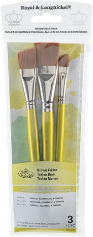Royal Brush Zip N' Close 3-Brush Set, Brown Taklon, Short Handle, Angular Variety