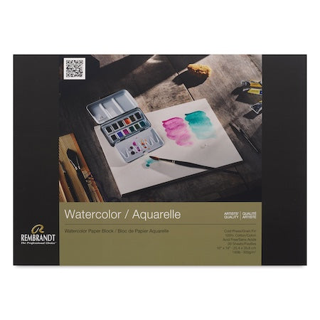 A stack of black watercolor paper pads with the Rembrandt brand logo on the cover, indicating a pack of 20 sheets each for watercolor and aquatint techniques.