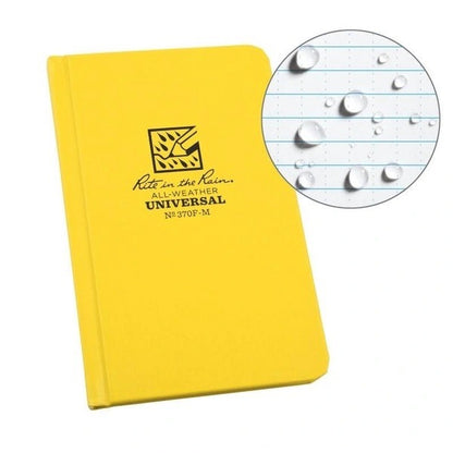 Yellow notebook with 'Rite in the Rain' branding and a close-up of water-resistant paper.
