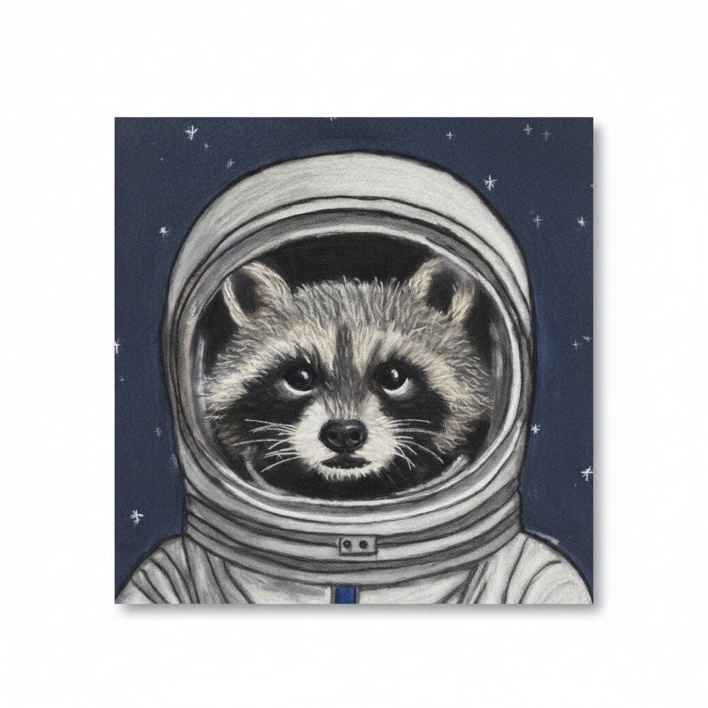 Illustration of a raccoon in an astronaut suit on a blue background