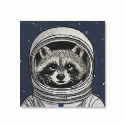 Illustration of a raccoon in an astronaut suit on a blue background