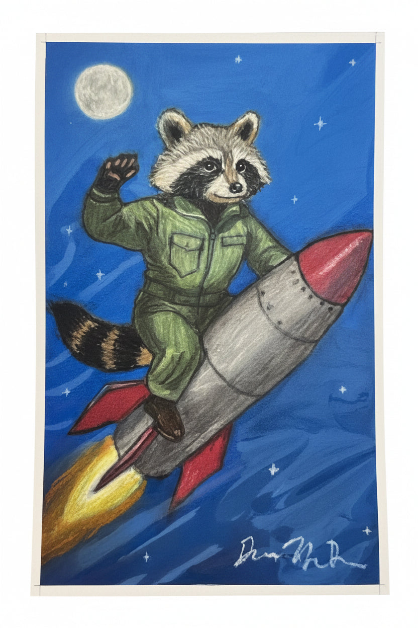 Illustration of a raccoon in a space suit riding a rocket on a blue background