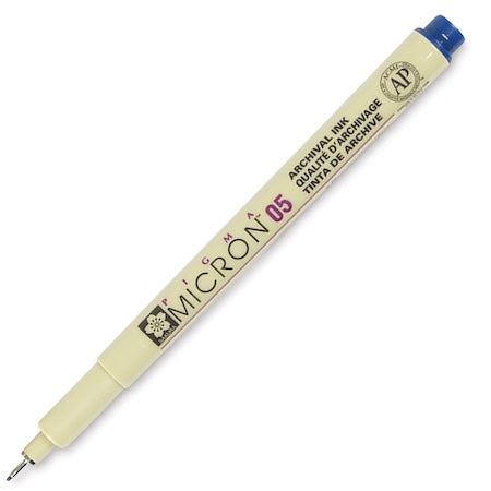 A Sakura Pigma Micron Pen with a .45mm tip, the pen is royal blue in color with a white body displaying the brand and model information.