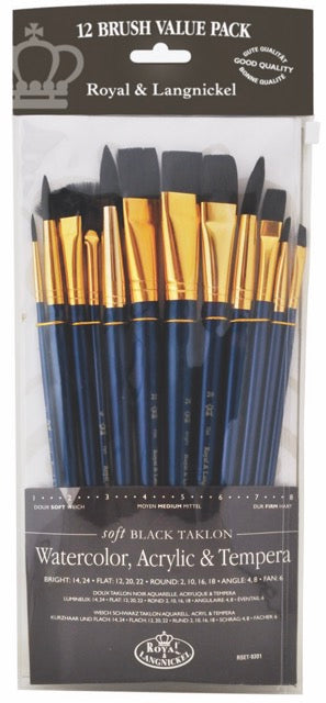 Royal Brush Zip N' Close 12-Brush Set, Black Taklon, Flat, Short Handle