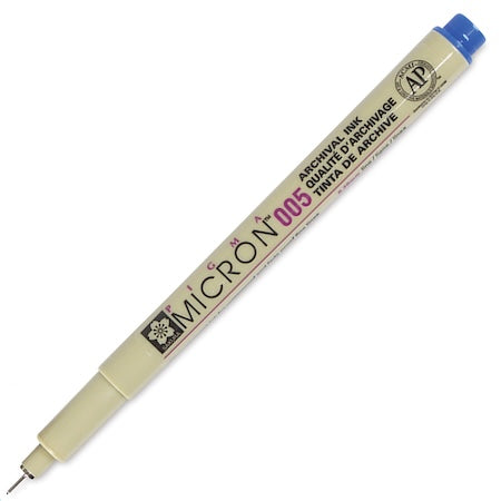 A Sakura Pigma Micron Pen with a fine-point tip, labeled 05 and filled with blue ink.
