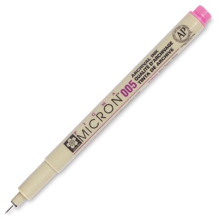 A Sakura Pigma Micron Pen with a 0.45mm tip, in a light beige color with a rose pink cap.