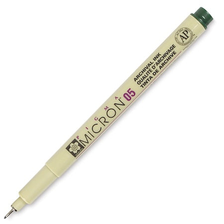 A Sakura Pigma Micron Pen with a .45mm tip, colored in a hunter green 05, displaying the brand and product information on its body.