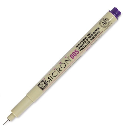 A Sakura Pigma Micron Pen with a purple cap, model 05, known for its fine-point tip and waterproof pigmented ink.