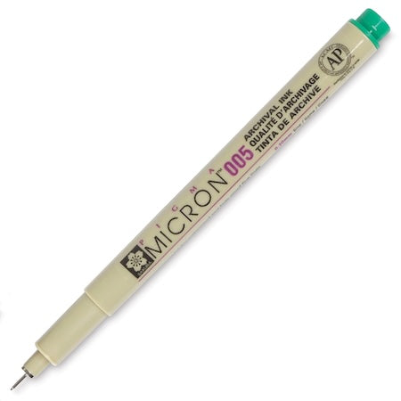 A Sakura Pigma Micron Pen with a fine point tip, labeled .45mm and the color green indicated at the top.