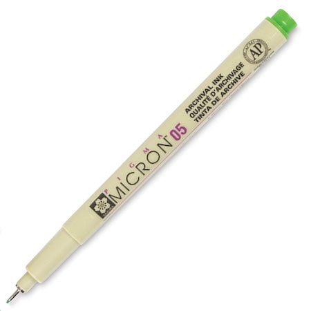 A Sakura Pigma Micron Pen with a .45mm tip, in a fresh green color, displaying the brand and model information on its body.