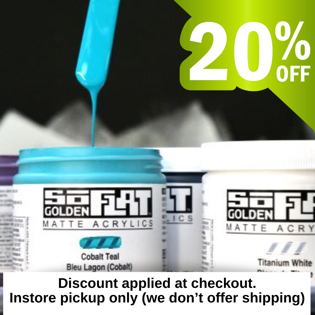 Jars of Golden Matte Acrylics with a discount banner on a black background