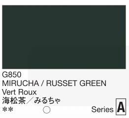 Color swatch with the text 'G850 MIRUCHA / RUSSET GREEN Vert Roux' on a black background