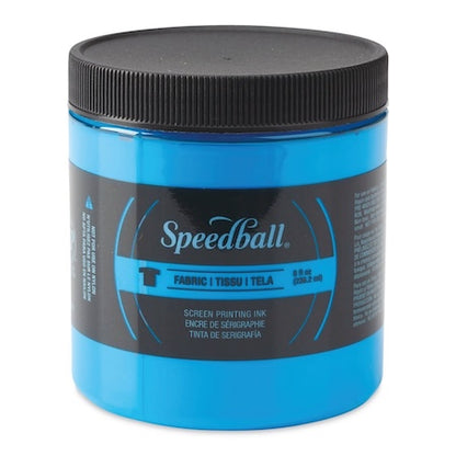 A jar of Speedball Fabric Screen Printing Inks in blue color with a black lid, labeled with the brand and product details.