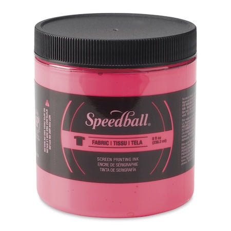 A jar of Speedball Fabric Screen Printing Inks in blue color with a black lid, labeled with the brand and product details.
