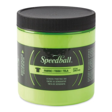 A jar of Speedball Fabric Screen Printing Inks in blue color with a black lid, labeled with the brand and product details.