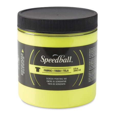 A jar of Speedball Fabric Screen Printing Inks in blue color with a black lid, labeled with the brand and product details.