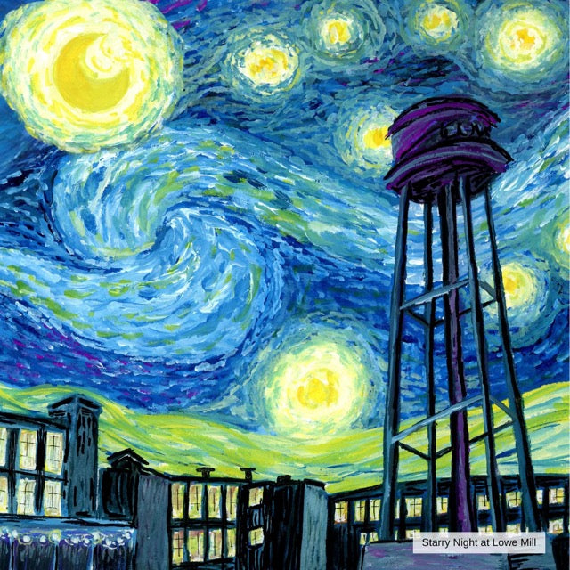 Starry Night inspired artwork with a water tower and buildings.