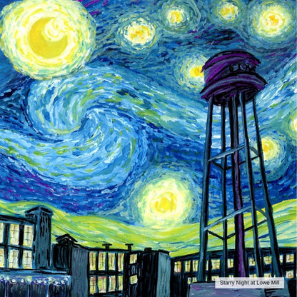 Starry Night inspired artwork with a water tower and buildings.