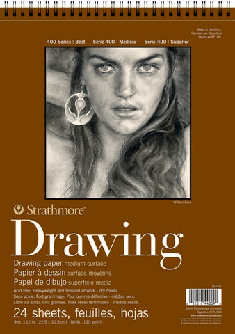 Packaging for Strathmore 400 Series Drawing Pads featuring a sketch of a person's face on the cover.