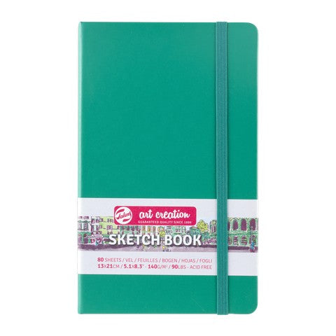 Green sketchbook with a visible brand label on a white background